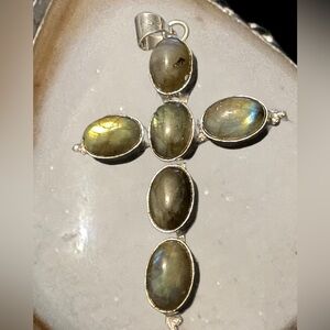 Nwots Handmade Silver Cross Pendant with Labradorite Stones